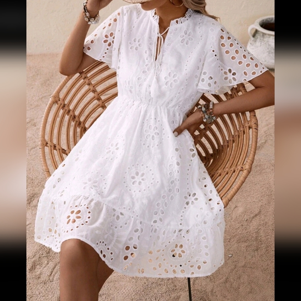 Boho White Sheer Lace Eyelet Embroidery Butterfly Sleeve Ruffle Hem Dress
